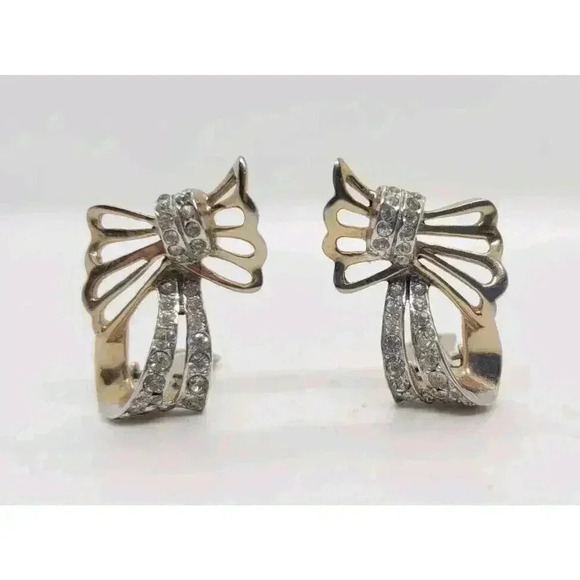 Vintage Earrings Gold Bows & Ribbons Rhinestone Clip Dimensional Holiday Gift - Picture 1 of 7